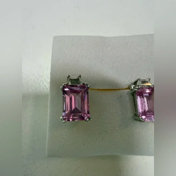Pink and White Emerald-Cut Topaz Stud Earrings - Picture 3 of 6